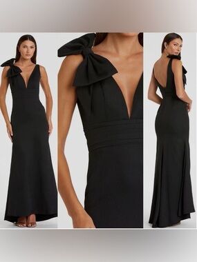 Mac Duggal Black V-Neck One-Shoulder Bow Maxi Gown